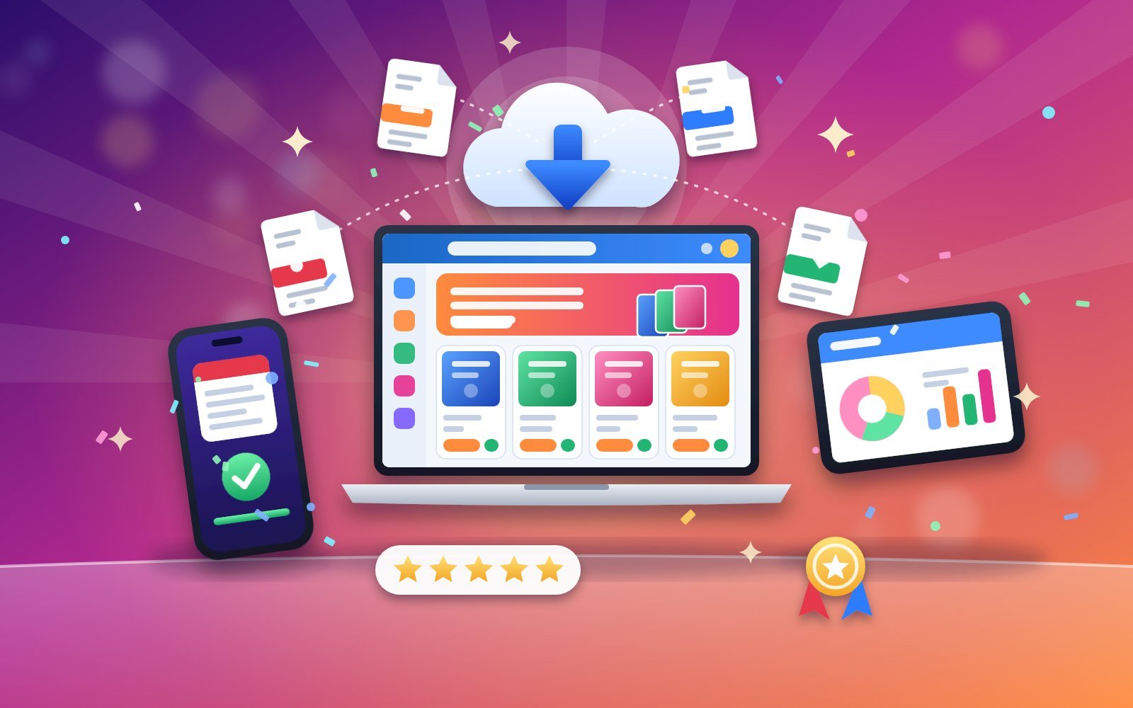 Laptop, tablet and phone showing instant PDF, PPT and Word downloads - study on any device
