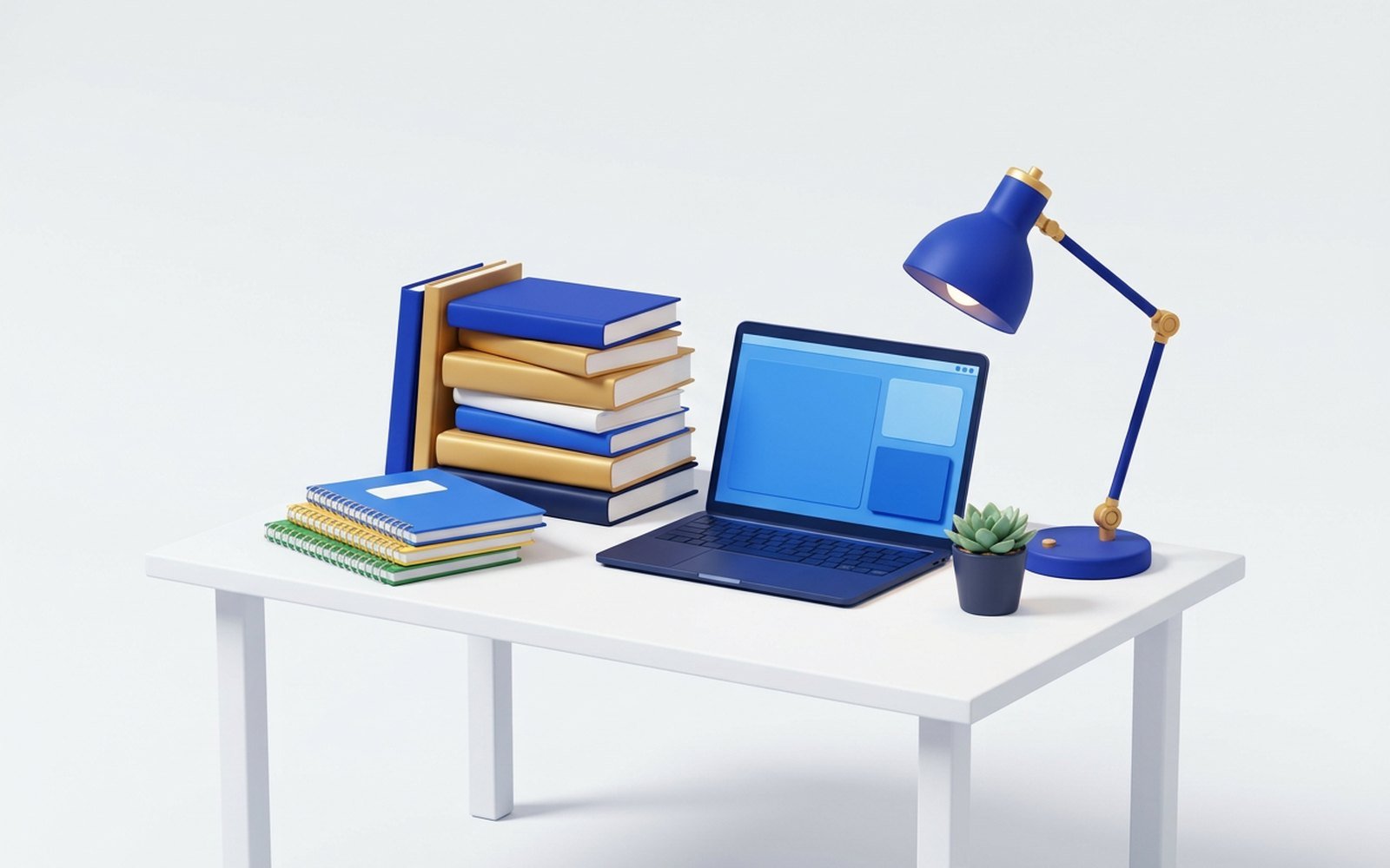 Stack of colourful notebooks, textbooks, an open laptop and a desk lamp - everything for Class 6-12 exam preparation