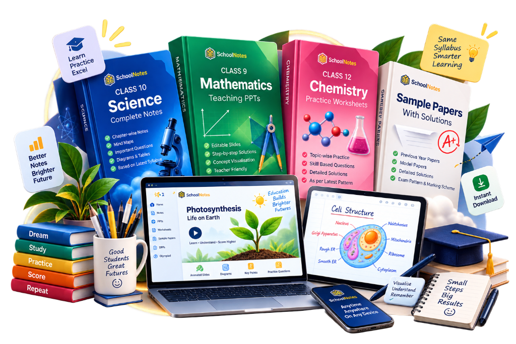 SchoolNotes study resources for Classes 6-12: Class 10 Science notes, Class 9 Mathematics teaching PPTs, Class 12 Chemistry worksheets and sample papers