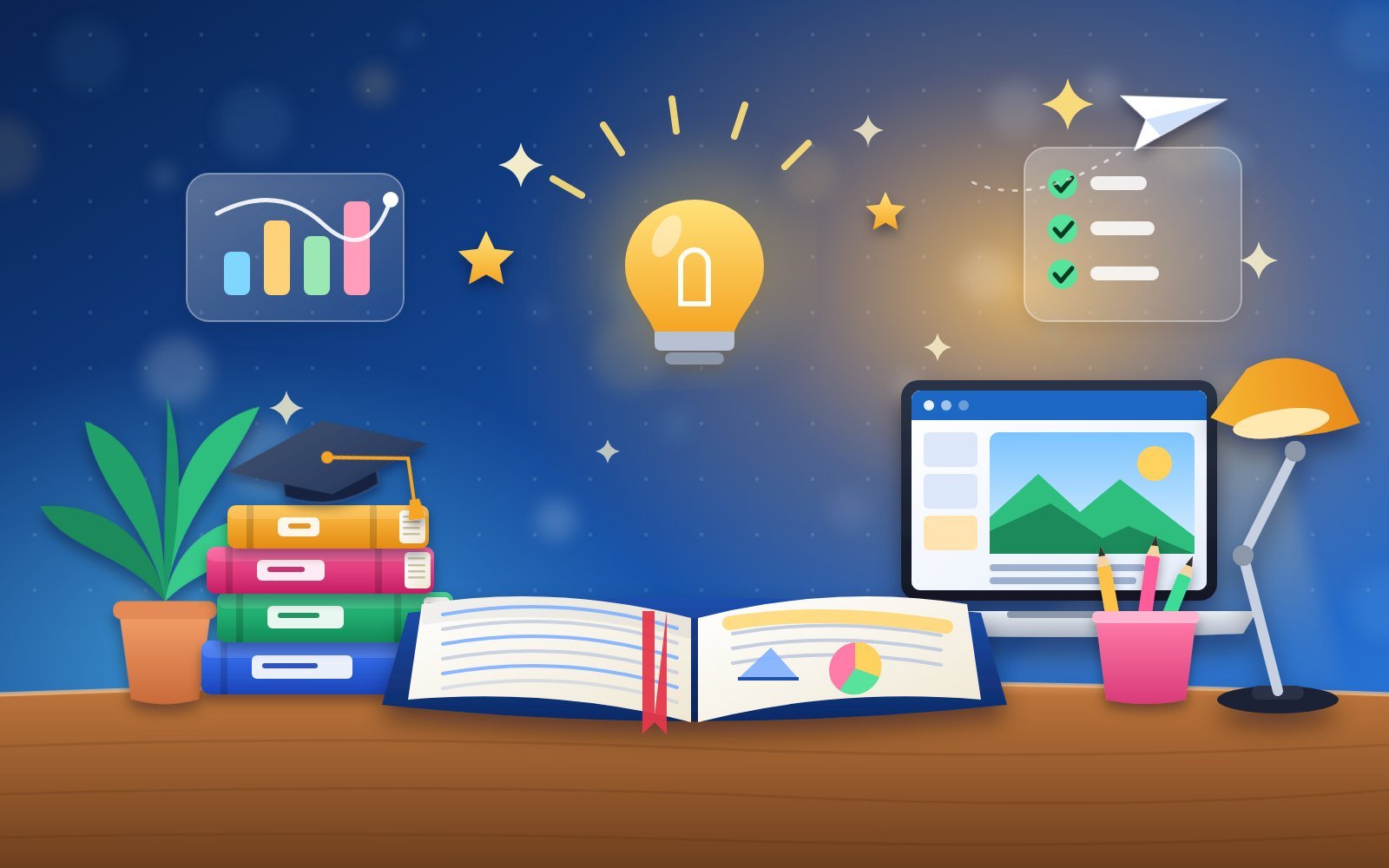 Open notebook, stacked books, laptop and desk lamp on a study desk - everything for Class 6-12 exam preparation