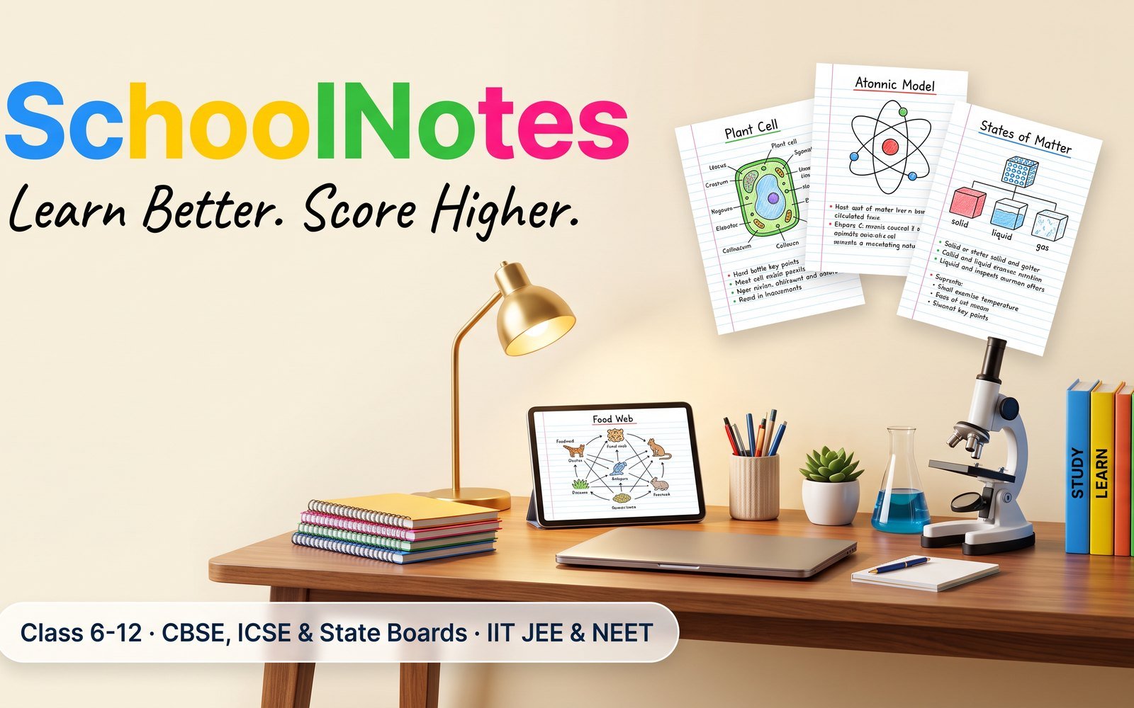 SchoolNotes - handwritten Class 6-12 notes, teaching PPTs, DPPs and sample papers laid out on a study desk