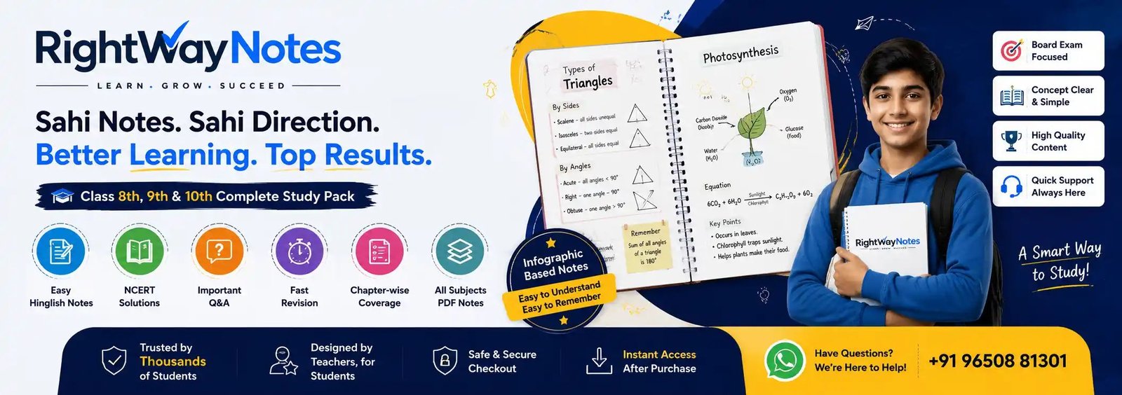 Complete study pack for Class 8th, 9th and 10th: Hinglish notes, NCERT solutions and all-subject PDF notes